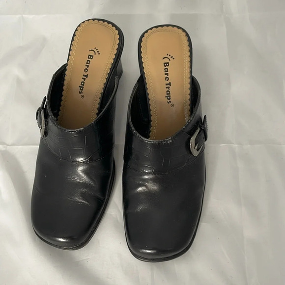 BARETRAPS Vivid Black Leather Chunky Heeled Mules Croc Effect Square Toe Size 6 - Picture 8 of 12